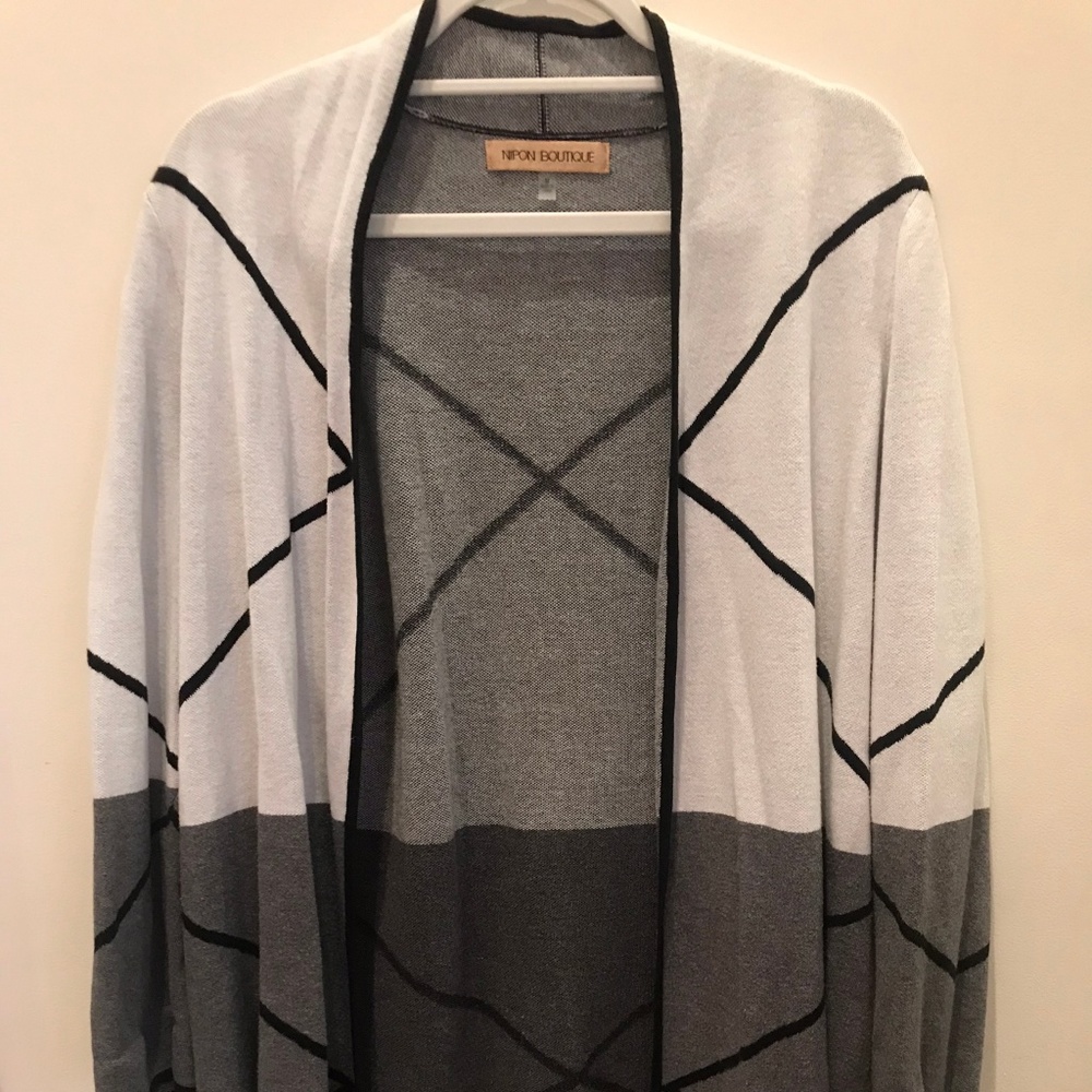 White Grey Black Striped Long Open Sweater